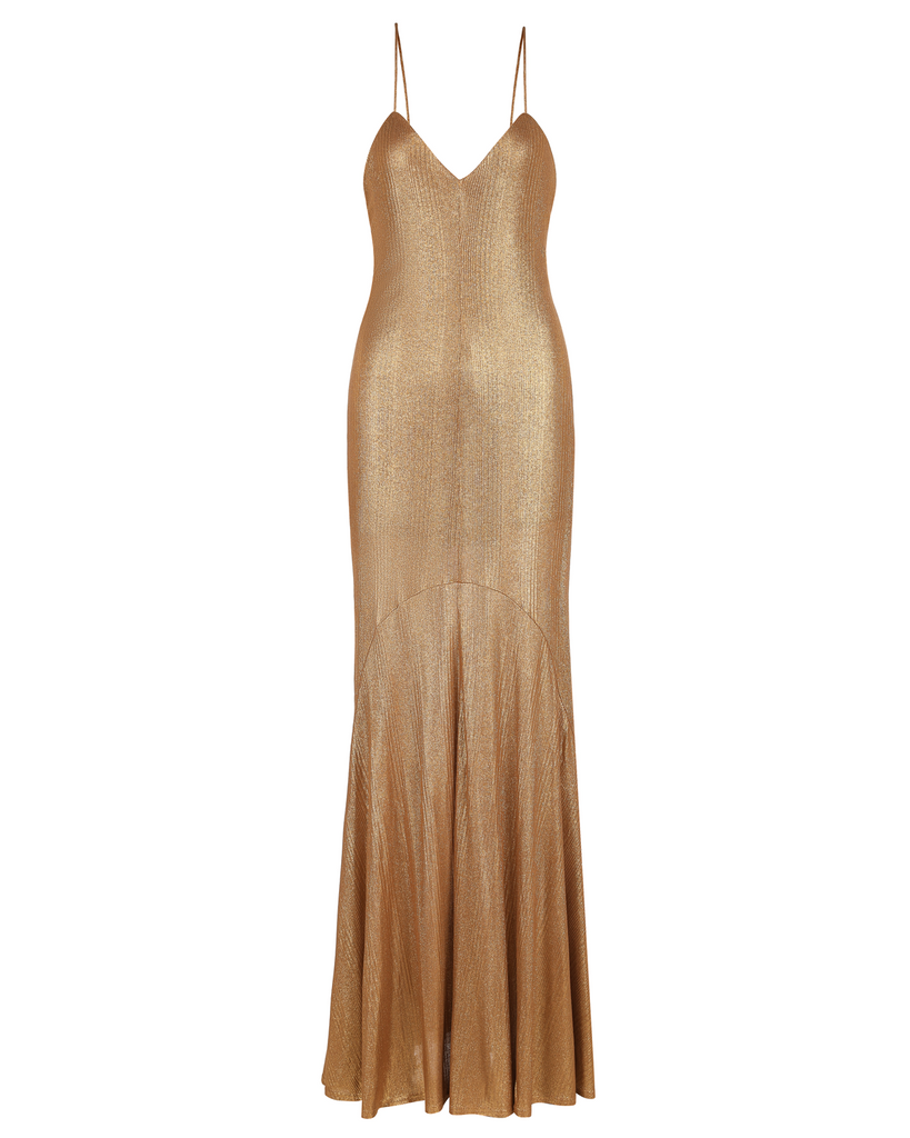 The Milou Slip Dress is crafted from a viscose jersey in a laminated gold. It features a full length silhouette, with a V neck and slightly flared skirt. By Auteur, now available at After Eight. 