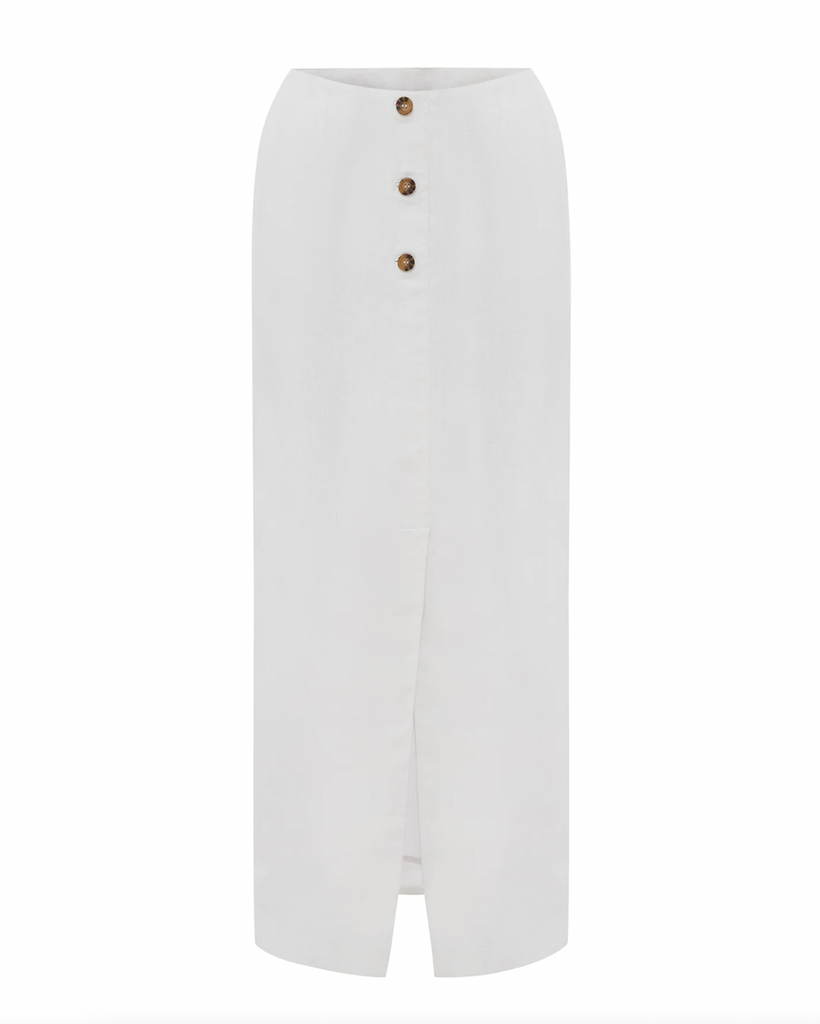 The Gigi Column Skirt is cut from certified linen and is designed to sit high on the waist. It features centre front buttons and a statement front split. Style yours as a set with the coordinating Gigi Gilet. The crisp white hue makes it perfect for daytime events or a memorable bridal moment. By Posse, now available at After Eight. 