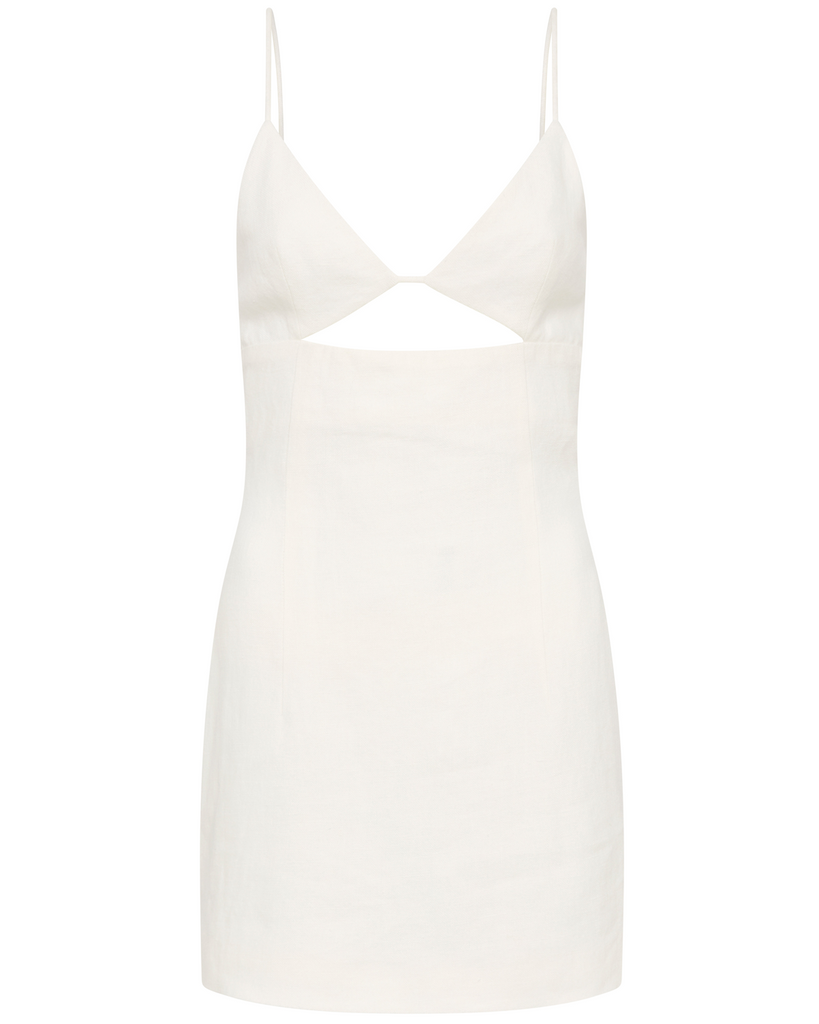 Inspired by the idea of underwear as outerwear, the Linen Bra Mini Dress takes cues from classic lingerie silhouettes. Boasting a bra bodice, thin straps, centrefront cut out, centreback bra fastening and mini length, the Linen Bra Mini Dress has been crafted for a fitted silhouette. Made from a weighted 100% linen with a silky-soft tencel lining, the Linen Bra Mini Dress combines elements of classic tailoring with the sensual feminity of unexpected cut-outs. By St Agni, now available at After Eight. 