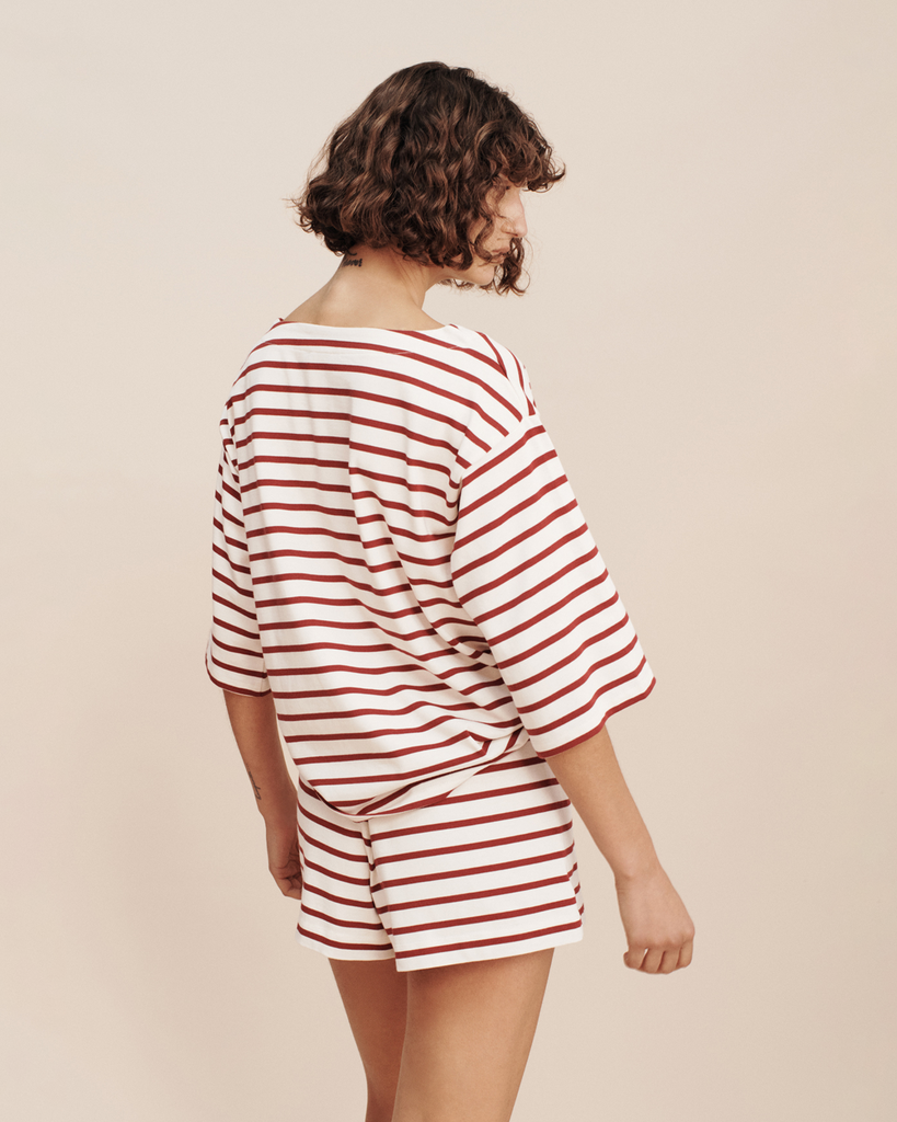 Cut from a soft cotton jersey, the Arlo story features a classic cream and crimson stripe. The Hugo short has been designed to sit on the waist, featuring a comfortable elasticated waistband and straight leg. By Posse, now available at After Eight. 