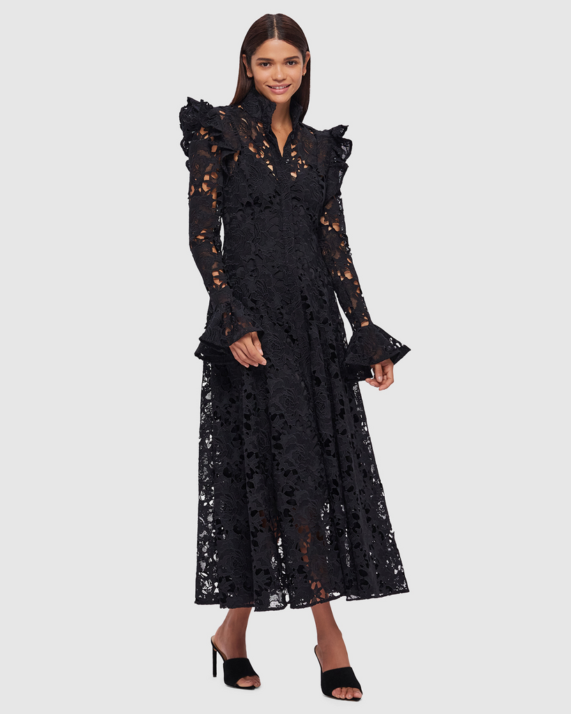 Aliyah Lace Butterfly Sleeve Midi Dress - Ebony