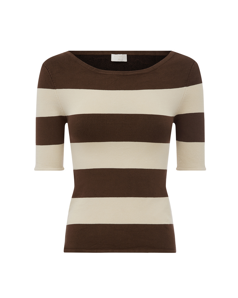 The Theo Top has an elegant high neckline and is patterned with classic chocolate and cream stripes. It's cut from stretch-knit and is designed for a close fit. Style yours with high-rise denim. By Posse, now available at After Eight. 