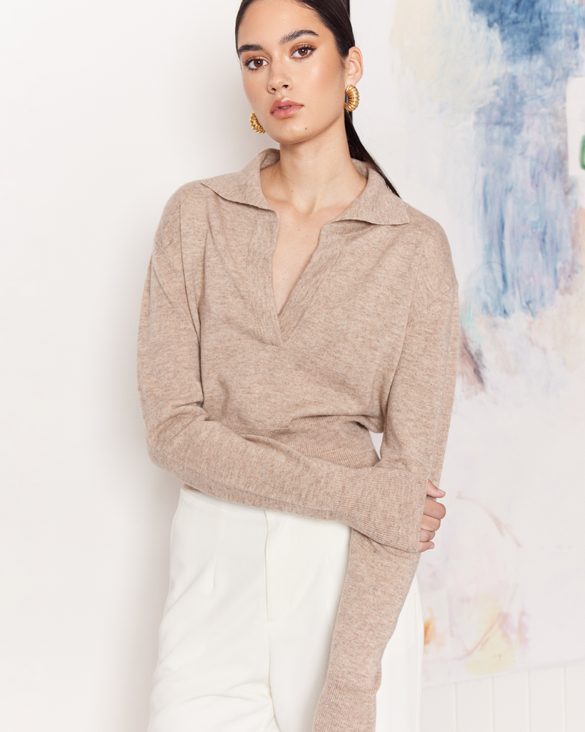 The Collared Sweater is a relaxed everyday knitwear essential in a versatile earthy hue. The perfect addition to your everyday wardrobe. Pair with jeans or a tailored white trousers for a chic office style. By Romy, now available at After Eight. 