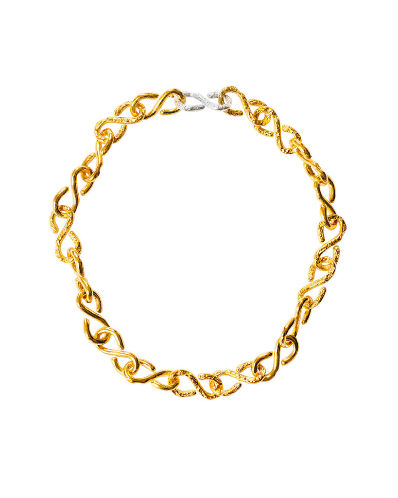 The Classic Link Necklace 001 is an everyday chunky link statement necklace, made from recycled sterling silver and 24ct gold vermeil. By ethical and sustainable Australian jewellery label Released From Love.