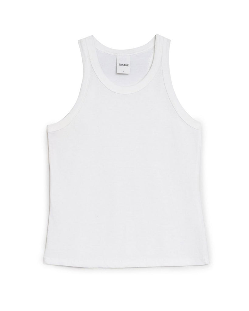 The racer back singlet is made from 100% organic jersey cotton, and is a slim fitting style with ribbed binding around the neck and armholes in white. Made by ethical and sustainable New Zealand Brand KowTow, available at After Eight.
